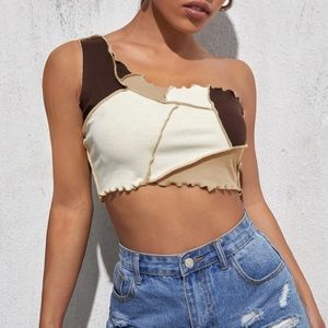 SHEIN One Shoulder Lettuce Trim Colorblock Crop Top